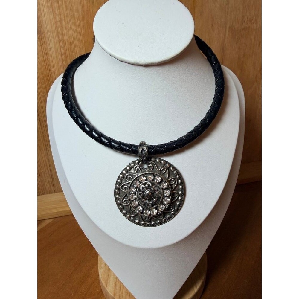 Chico's Black Braided Leather Necklace with Large Silver-Tone Rhinesto